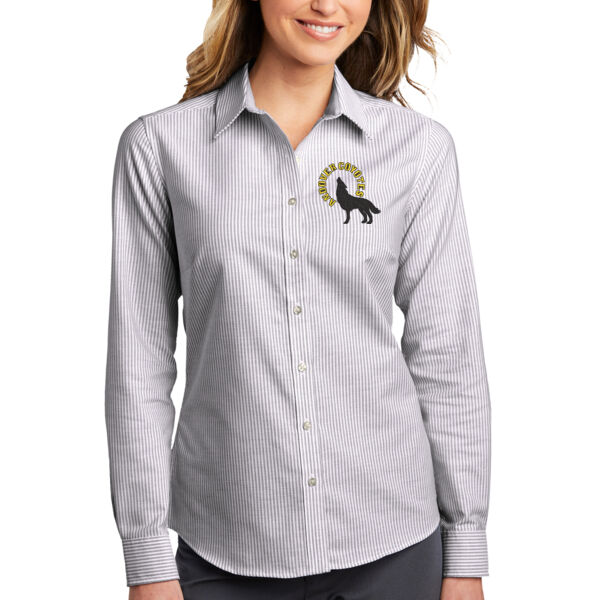 Port Authority® Ladies SuperPro™ Oxford Stripe Shirt - Embroidered Logo Thumbnail